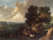 Joseph Van Bredael, River landscape with fishermen and wa